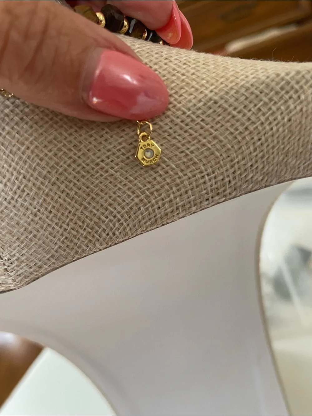 Tory Burch Brown Tiger Eye Beaded Necklace with Gold Cross Pendant